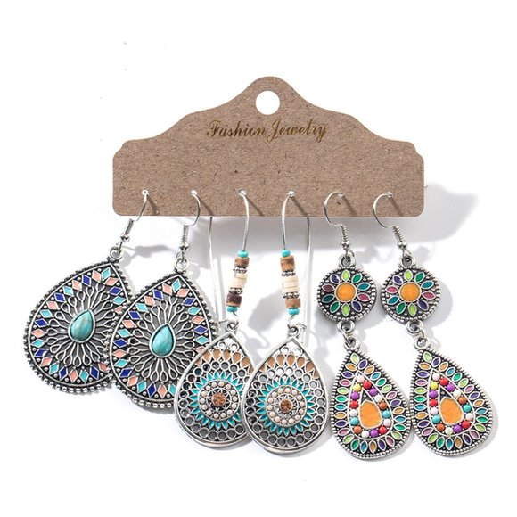 Jewelry - 3 Pack Bohemian Colorful Water Drop Earrings